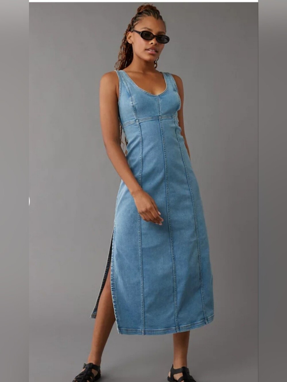 American Eagle Blue Denim Scoop Neck Seamed Maxi Midi Dress Side Slit Light Wash